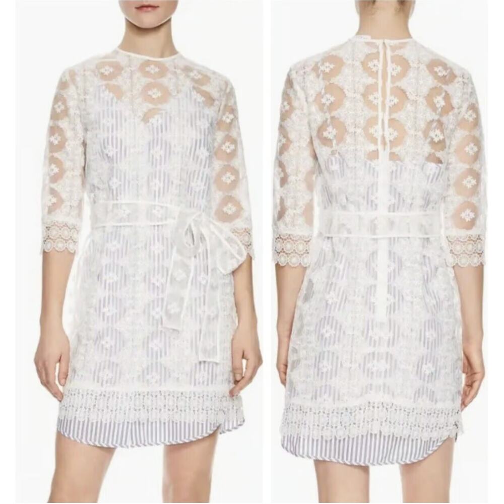 Sandro Paris Womens Dress Size Large Isabelle Floral Lace Mini Blue White Stripe